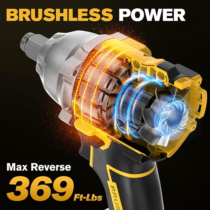 20V Cordless Impact Wrench for DeWalt Battery 500Nm (369Ft-Lbs) | 1/2" & 1/4" Brushless Impact Gun, 2-Speed High Torque Power Tool for Tire Removal, Rusted Bolts, Car Maintenance(No Battery)