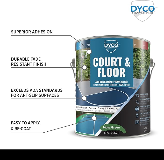 DYCO Court & Floor Anti-Slip Coating - Slip-Resistant Pavement, Cement & Concrete Paint for Pickleball, Tennis & Basketball Courts, Exceeds ADA Standards for Safety Areas (Moss Green, 1 Gallon)