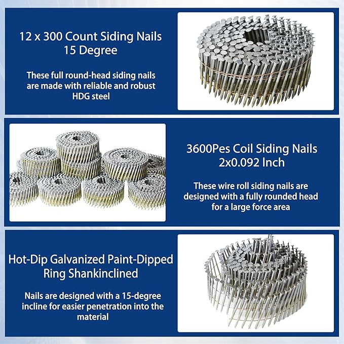waltyotur 2-1/4Inch x 0.092Inch Collated Wire Coil Siding Nails 15-Degree Full Round-Head Ring 3600 Count Hot-Dipped Galvanized for Rough Nailing of Lathing and Sheathing Materials
