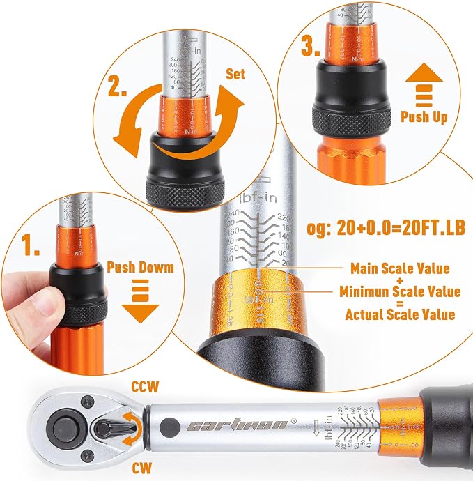 CARTMAN 1/4-Inch Drive Click Torque Wrench, Dual Range Bike Repair Tool Set | Dual range click torque wrench with quick release, reversible ratchet, calibrated accuracy for MTB, e-bike, and moto fix use.