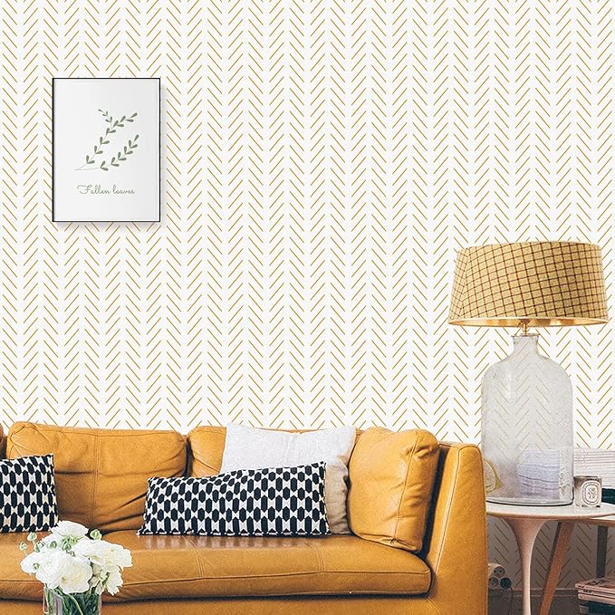Erfoni Yellow White Peel and Stick Wallpaper Modern Herringbone Wallpaper | 17.7in x 393.7in Geometric Removable Contact Paper Bathroom Peel and Stick Self Adhesive Cabinets Wallpaper Waterproof