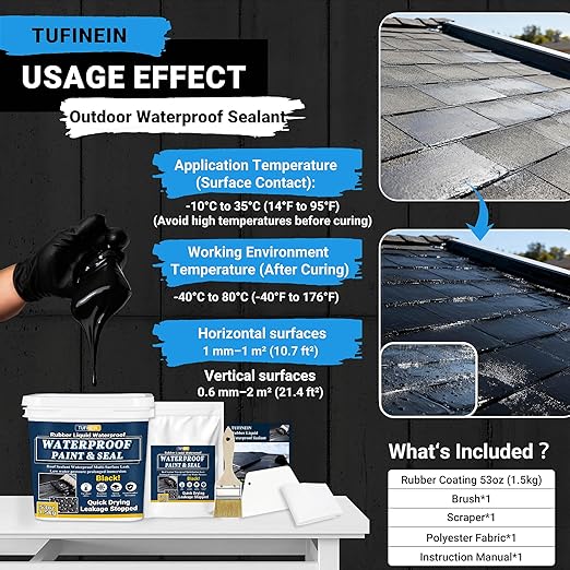 Rubber Liquid Waterproof Sealant, TUFINEIN 53oz/1.5kg Black Quick Drying Multi Surface Foundation Leak Repair - Roof Gutters Basement Sealer Waterproof - Indoor & Outdoor Flexible Rubber Paint