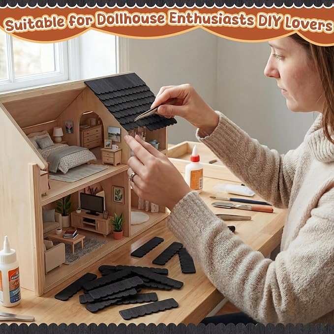 Wenqik 100 Strips Dollhouse Roof Shingles 4.25 x 1.14 Inches Each Mini Fish Scale Wooden Dollhouse Miniature Roofing for 1: 12 Scale Doll House Projects DIY Miniature Landscapes (Black)