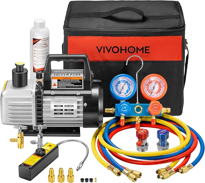 VIVOHOME 110V 1/3 HP 4CFM Single Stage Rotary Vane Air Vacuum Pump and AC Manifold Gauge Set Kit with Leak Detector for R134a R12 R22 R502 R410a HVAC Air Conditioning Refrigeration Recharging, Black