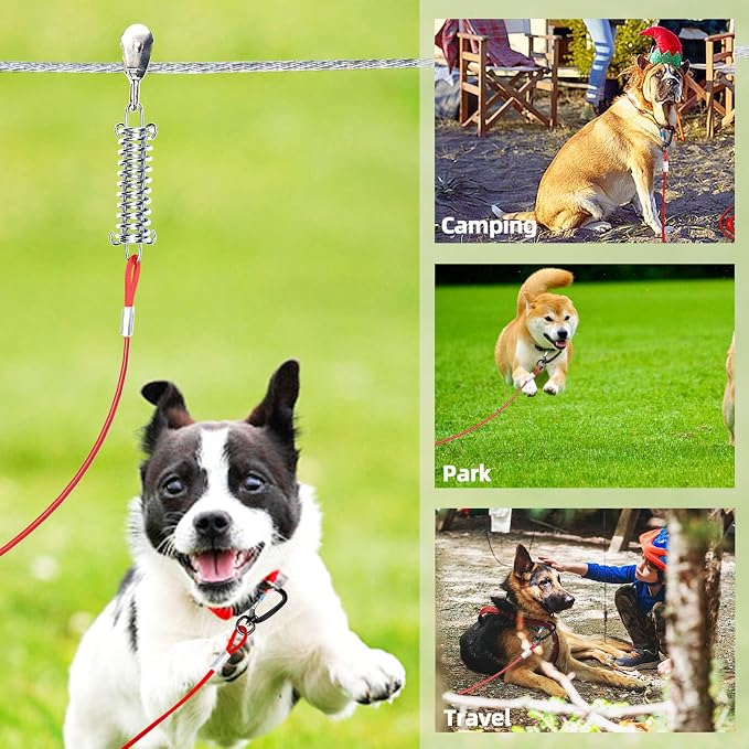 Dog Tie Out Runner for Yard,Trolley System for Large Dogs,Heavy Duty Dog Run Cable 100ft with 10ft Pulley Runner Line for Dogs Up to 250lbs,Yard or Camping