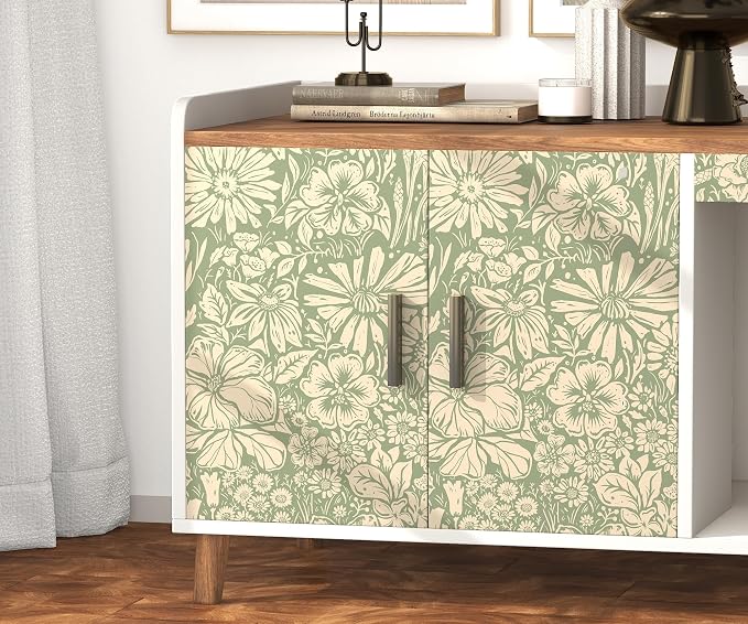 Floral Wallpaper Peel and Stick Wallpaper Boho 17.3''×393'' Self Adhesive Wall Paper Green and Beige Contact Paper Removable Modern Wallpapers Decorative for Bedroom Bathroom Cabinets Decor Vinyl