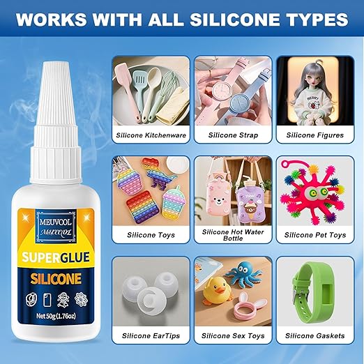 Meuvcol Silicone Glue 100g - Fast-Bonding & Waterproof Silicone Adhesive for Silicon Rubber, Model, Toys, TPU, TPR, TPE - Clear Liquid Silicone Adhesive for Crafts, 6 Applicator Nozzles