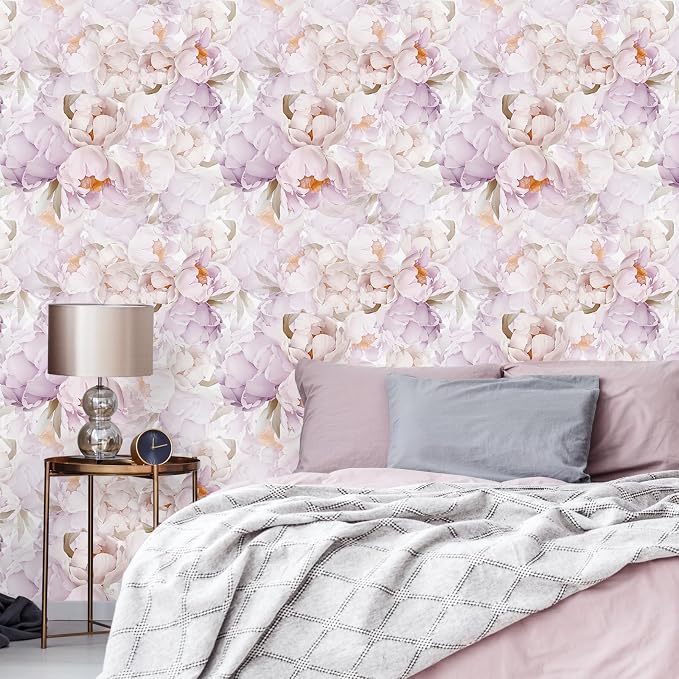 VEELIKE Lavender Floral Wallpaper Peel and Stick Large Peonies Wall Mural for Girls Room Nursery Prepasted 17.7'x354' Removable Pink Wallpaper for Bedroom Bathroom