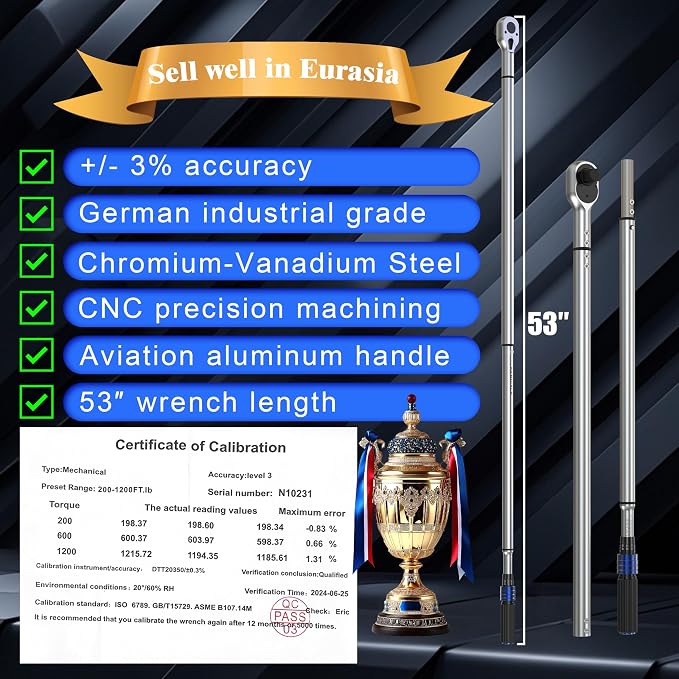 1'' 200-1200 Ft Lb Torque Wrench Heavy Duty, Dual Direction, High hardness, Long lifetime, Stored In a Solid Case