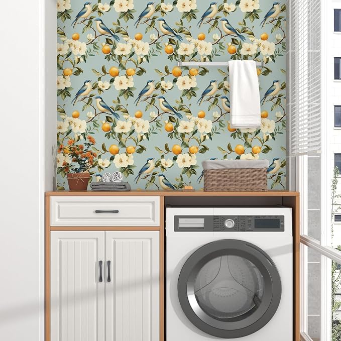 Laatse Birds Wallpaper Peel and Stick, Blue Vintage Floral Fruits Contact Paper 17.5" x 393", Botanical Wall Paper Self Adhesive Removable Waterproof for Bathroom Bedroom Shelf Cabinet Drawer Table
