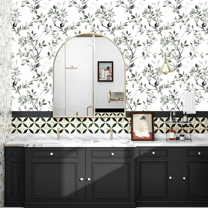 ILHIIOR White Floral Peel and Stick Wallpaper Boho Leaf Contact Paper Green Leaf Removable Self Adhesive Waterproof Wall Paper for Cabinet Drawers Wall Decor Renter Friendly 17.5''x393''