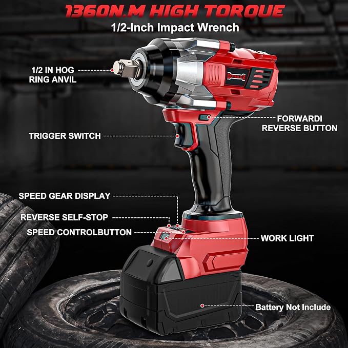 DIYtoolifz Cordless Impact Wrench 1/2" Compatible with Milwaukee 18V Battery, 1000Ft-lbs(1360N.m) High Torque Impact Driver, Electric Impact Gun with 4-Mode Speed, LED Work Light for Car(Bare Tool)