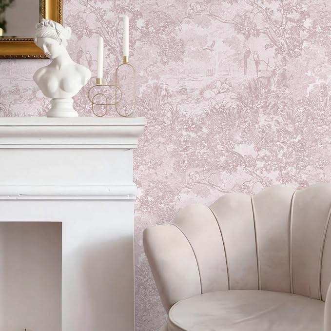 Ismoon Pink Peel and Stick Wallpaper Neutral Wall Paper 17.3in×6.56ft Vintage Removable Self-Adhesive Wallpaper Animals Jungle Contact Paper for Cabinets Bathroom Walls Covering Vinyl Roll