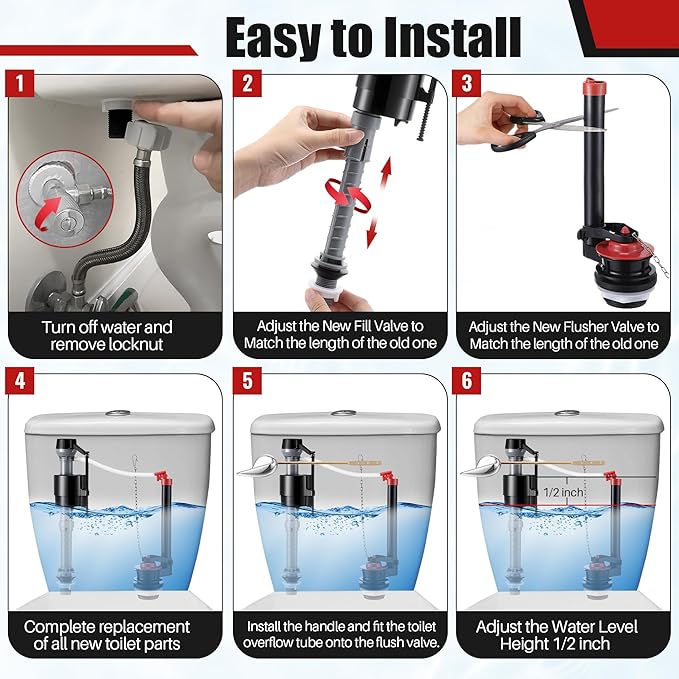 2 Inch Toilet Flusher Replacement Kit, Toilet Flusher Repair Kit Include Adjustable Fill Valve with Flapper, Metal Front Flush Handle, Gasket and Bolts, Anti-Siphon Repair Parts Tank(1 Set)