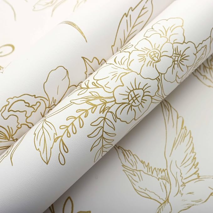 Froluya Cream White and Gold Floral Wallpaper Peel and Stick Wallpaper 17.7"x196.8" Vintage Floral Removable Self Adhesive Wall Paper for Bedroom Boho Contact Paper Peel and Stick Decorative Cabinets