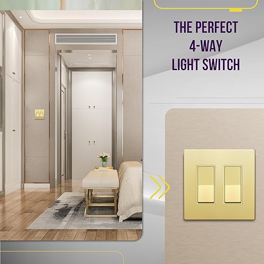 ENERLITES 4-Way Decorator Light Switch, Four Way Paddle Rocker Switch, Gloss Finish, Ground Wire Lead Attached, Residential/Commercial Grade, 15A 120V/277V, UL Listed, 94150-GD10P, Gold (10 Pack)