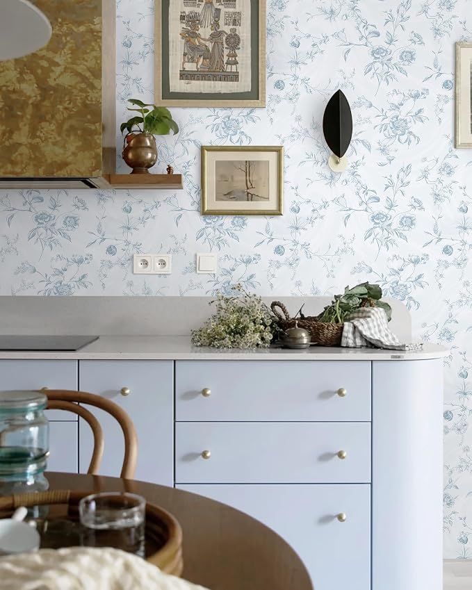 Ismoon Blue Wallpaper Peel and Stick Floral Vintage Stick on Wall Paper French Textured Contact Paper for Cabinet Removable Self Adhesive Wallpaper Vinyl Roll Shelf Deco, 17.3x787in