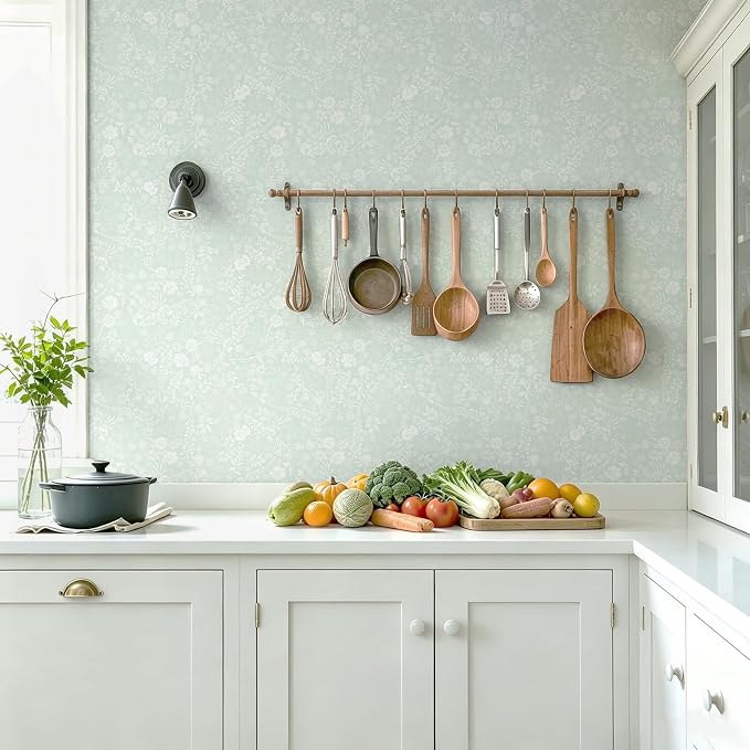 Guvana Sage Green and White Peel and Stick Wallpaper Floral Wallpaper Slef Adhesive Removable Waterproof Contact Paper Boho Wall Paper for Living Room Bathroom Bedroom Kitchen 17.3''x78.7''
