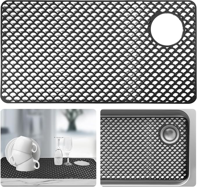 Sink Protectors for Kitchen Sinks - Large 28.4“ x 15” with Right Side Top Hole Heat Resistant Easy to Clean Non-Slip Kitchen Sink Mat for Kitchens Sinks Stainless Steel Bottom (Black) - 72x38CM