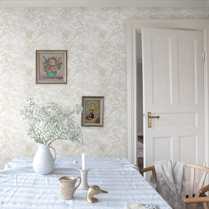 Ismoon Large Floral Peel and Stick Wallpaper Boho Beige/Coffee Contact Paper 17.3inx49ft Modern Wall Paper Removable Self Adhesive Bedroom Cabinet Bathroom Waterproof Mural Wall Decor Vinyl Roll