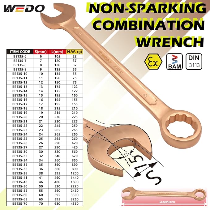 WEDO Non-Sparking Combination Wrench 8mm,Beryllium Copper,Non-magnetic | 12-Point Metric Spark-free Spanner,15-Degree Offset,Corrosion-resistance,DIN3113,BAM&FM Certificate,For Oil,Chemical,Mining