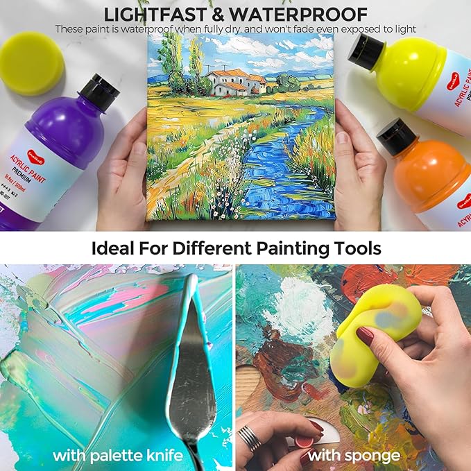 Smallbudi 12 Colors Large Acrylic Paint Set (16.9 oz,500 ml), Bulk Acrylic Paint Non-Toxic Art Painting Supplies on Multi Surface Pumpkin Canvas Wood Craft Fabric Rock for Artist Kids with Color Wheel
