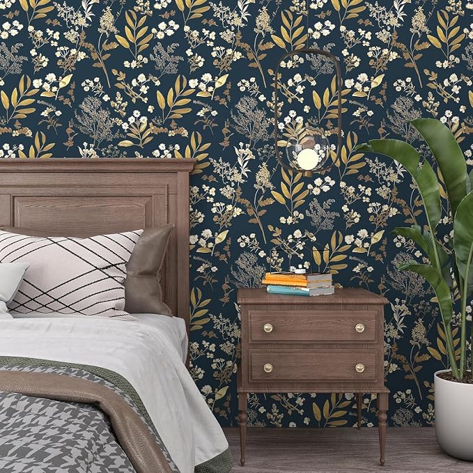 Vintage Dark Blue Floral Boho Peel and Stick Wallpaper 17.5"x787" | Self Adhesive/Removable/Waterproof/Thick Vinyl Extra Long Contact Paper for Bathroom Bedroom Shelf Cabinet Drawer,Prepasted