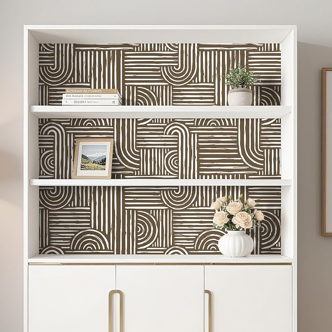 Livelynine Brown Geometric Wallpaper Peel and Stick Bold Abstract Wallpaper Living Room Accent Wall Paper Removable Minimalist Mid Century Modern Contact Paper for Cabinets Self Adhesive 17.5x78.8