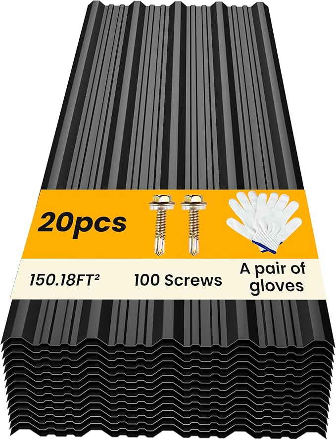 20 pcs Metal Roofing Panels - Corrugated Galvanized Roof Panels L61.02x W17.72 Inch, Waterproof Tin Roof Sheets for Garages,Sheds, Stables and Mobile Homes, Includes Screws(Black,L61.02''-20)