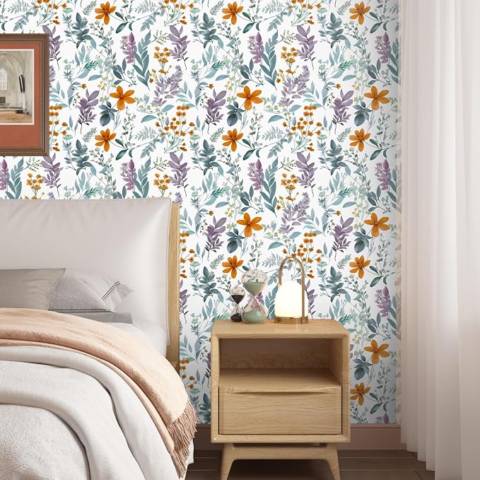 Blue Leaf Wallpaper Peel and Stick,Vintage Purple/Orange Floral Contact Paper 17.5" x 118",Botanical Wall Paper Self Adhesive Removable Waterproof for Room Bedroom Walls Shelves Cabinet Table Decor
