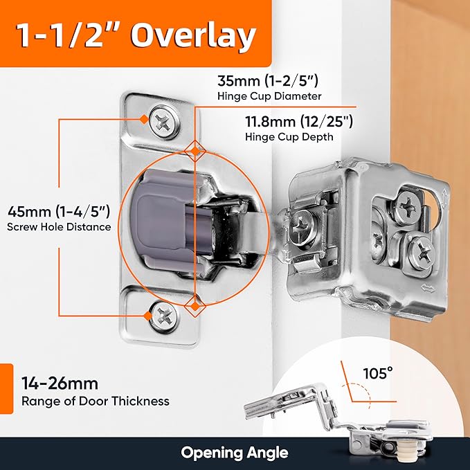 Decobasics 4 Pack Soft Close Cabinet Hinges 1-1/2" Overlay for Kitchen Cabinet Doors, Slow Self-Closing Concealed Hidden Hinges for Face Frame –Stainless Steel, 3-Way Adjustable & Quiet Close Damper