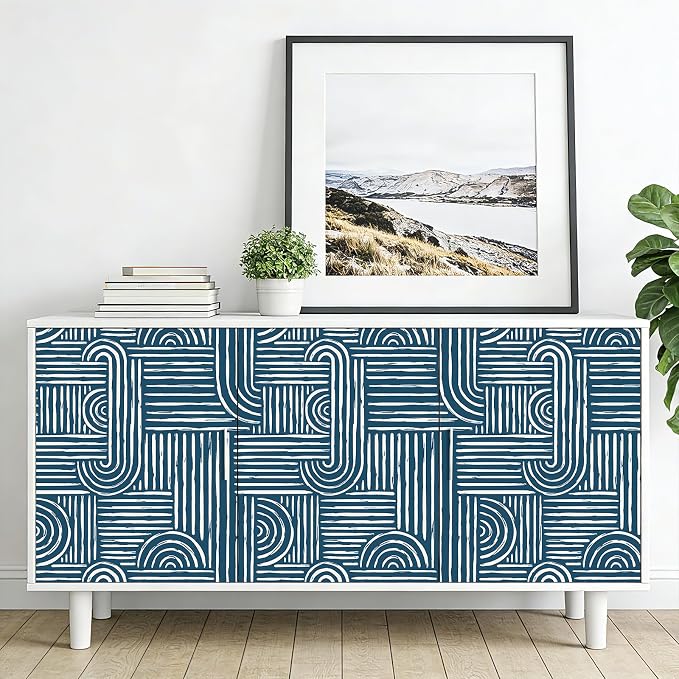 Livelynine 17.5x276 Blue Wallpaper Peel and Stick Navy Mid Century Modern Geometric Wallpaper for Bathroom Bedroom Renter Friendly Bold Dark Blue and White Modern Boho Contact Paper for Walls Easy