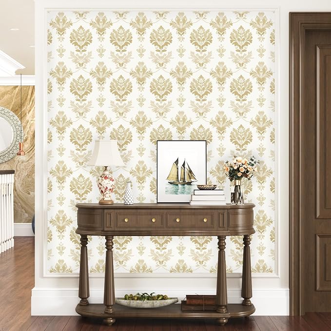 Light Symmetry Floral Peel and Stick Wallpaper 17.5" x 118",Beige | Self Adhesive/Removable/Waterproof/Thick Vinyl Contact Paper for Bathroom Bedroom Shelf Cabinet Drawer,Prepasted,Easy Peel