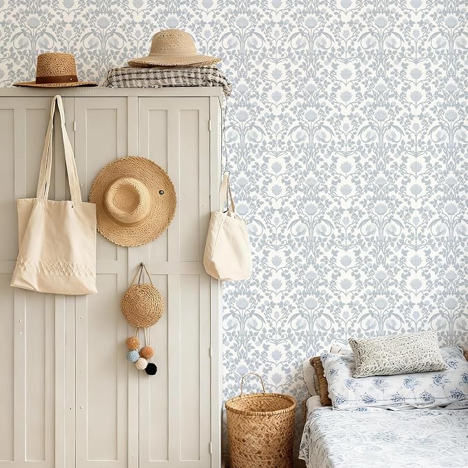 YXTII 17.3"×78.7" Blue Floral Peel and Stick Wallpaper, Damask Vintage Wallpaper for Bedroom Bathroom Self Adhesive Removable