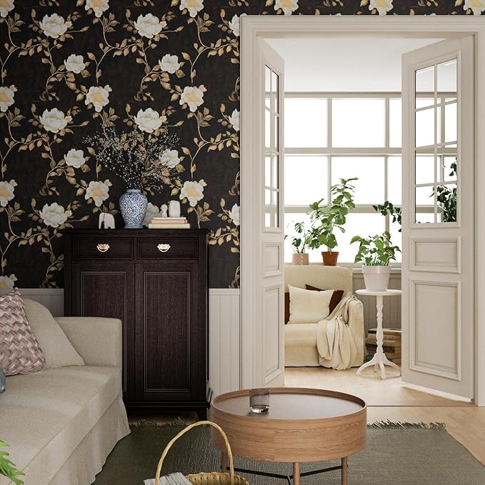 Vintage Dark Black Golden Floral Wallpaper Peel and Stick 17.5"x787" | Self Adhesive/Removable/Waterproof/Thick Vinyl Extra Long Contact Paper for Bathroom Bedroom Shelf Cabinet Drawer,Prepasted