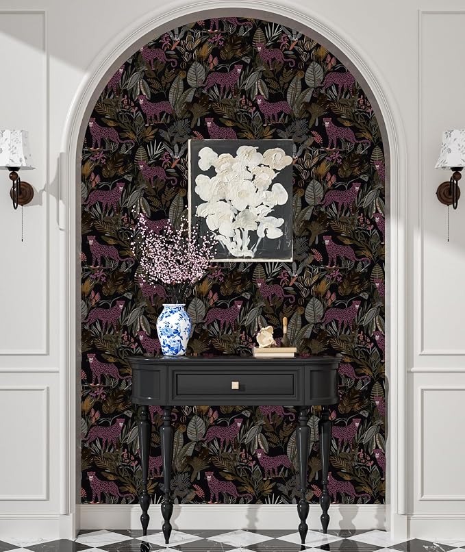 Dark Pink Vintage Leopard Peel and Stick Wallpaper 17.5" x 118" | Waterproof Vinyl Self Adhesive Removable Renter Friendly Floral Contact Paper