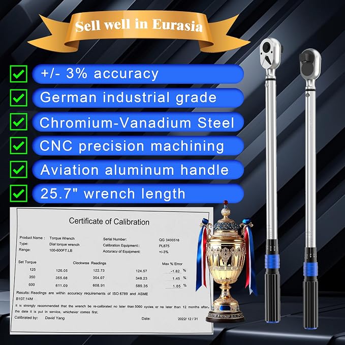 3/4'' 100-400 Ft Lb Torque Wrench Heavy Duty, Dual Direction | High hardness, Long lifetime, Stored In a Solid Case, Quick Release, Cr-V