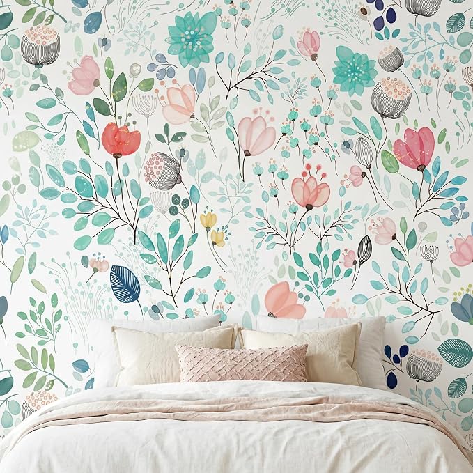 MFWFM Minimalist Floral Peel and Stick Mural Wallpaper Flowers Wall Mural | 137"x96", for Bedroom Living Room Bathroom, Self Adhesive Canvas