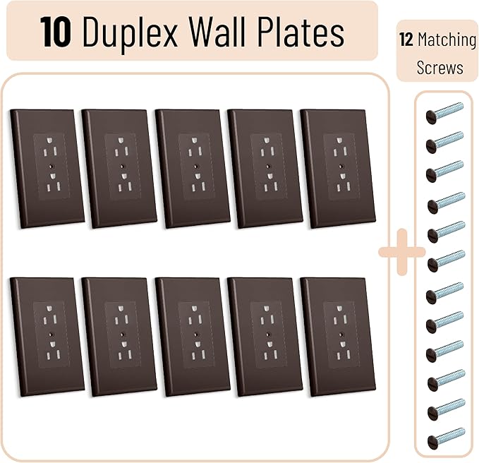 Bates- 1-Gang Duplex Wall Plate, 3.18"x 4.98", 10 Pack, Dark Brown, Unbreakable Electrical Outlet Cover Plates, Heat & Impact Resistant, Easy-to-Clean, Duplex Receptacle Cover for Home & Office