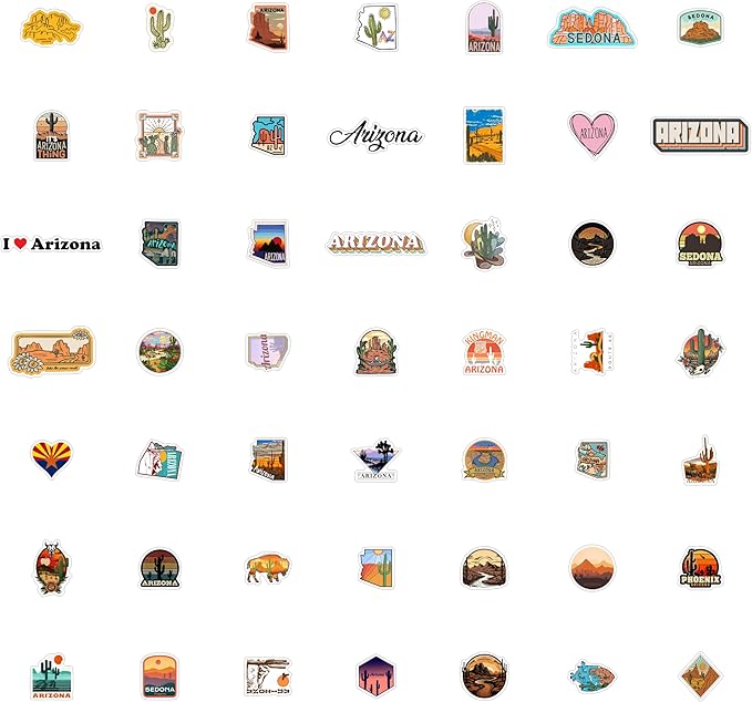 BulbaCraft 100Pcs Arizona Stickers for Water Bottle and Laptop - Arizona Party Supplies & Decorations, Waterproof Vinyl Decals, State Pride and Icon Stickers, Gifts for Women & Men