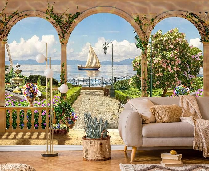 Jdayda Garden Wallpaper Seascape Sailboat | 170"x120" Not Self-Adhesive Wall Mural for Bedroom Living Room