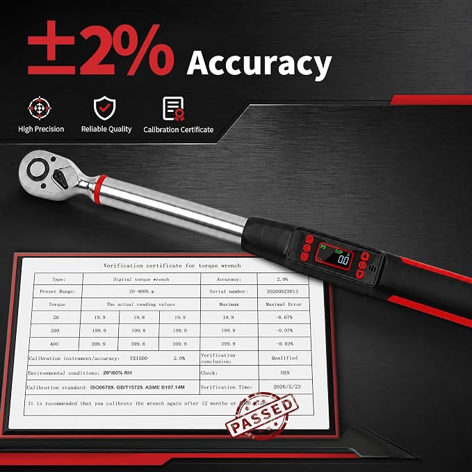 1/2" Digital Torque Wrench Set 6Pcs, 14.7-295Ft-lb(20-400Nm) ±2% Acc, Triple Vib/Beep/LED Alert, 5 Units, Torque Preset, Non-Marring Sockets, Ext Bar, Hard Case, Car Truck RV Tire Suspension Tool