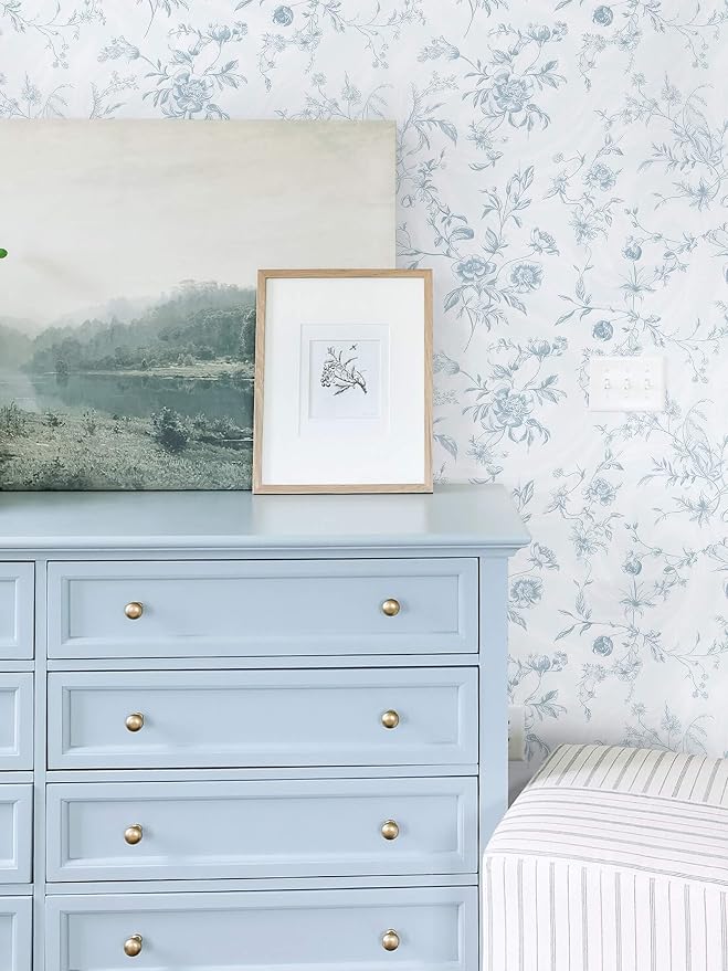 Ismoon Blue Wallpaper Peel and Stick Floral Vintage Stick on Wall Paper French Textured Contact Paper for Cabinet Removable Self Adhesive Wallpaper Vinyl Roll Shelf Deco, 17.3x78.7in