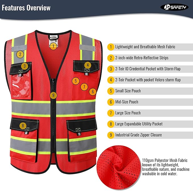 JKSafety Hi Vis Reflective Safety Vests for Men Women High Visibility Vest with Pockets Mesh Fabric Construction Safety Apparel Neon Vest for Work (220-Red 3XL)