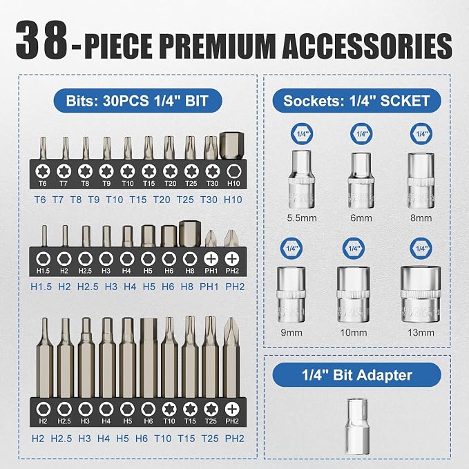 1/4" Drive Digital/Electronic Torque Wrench Set 0.4-22.1 Ft.Lb | ±2%Accuracy, LED Display, Buzzer & Vibration Alert, Dual Direction, with Bits, Sockets, Hex, for Motorcycle, Bike Repair, DIY