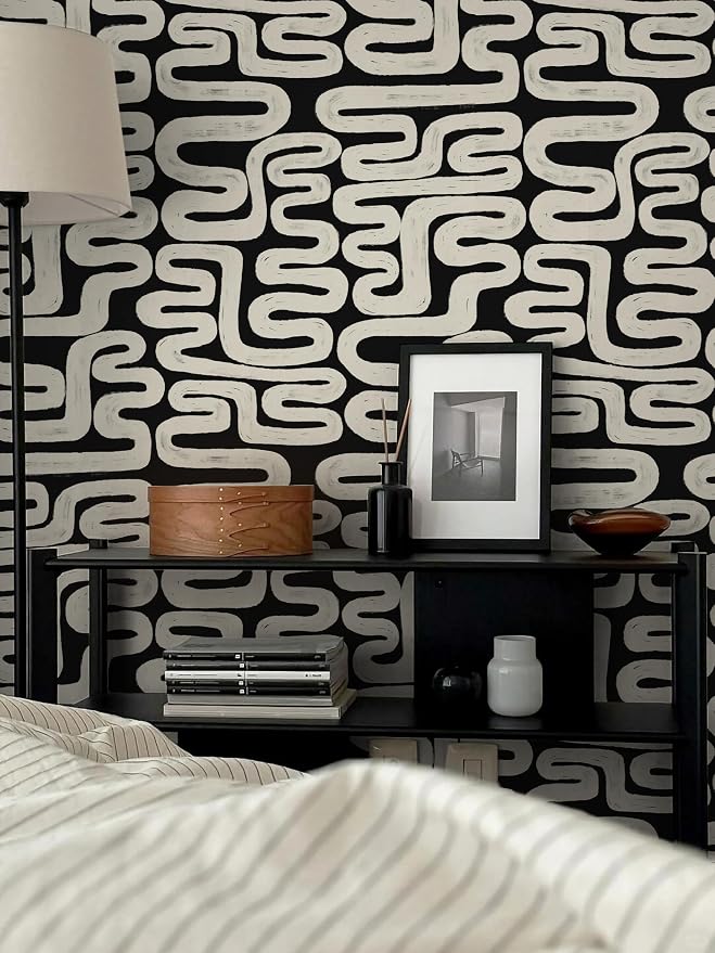 Black and Cream White Peel and Stick Wallpaper Modern Geometric Self-Adhesive Removable Contact Paper Thicken Waterproof Easy to Clean Decorative Wall Paper for Bedroom Bathroom 17.3in x 394in