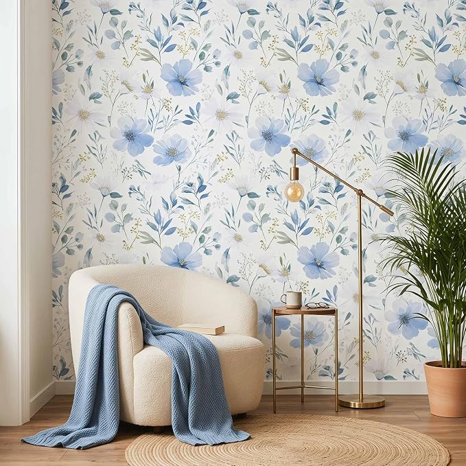 Light Blue Floral Peel and Stick Wallpaper, 17.7in x 118in | Self-adhesive and removable watercolor flower design for bedroom, living room, and accent wall