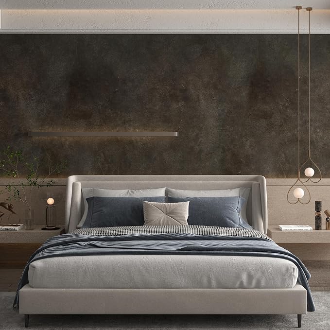 Extra Wide Concrete Wallpaper Peel and Stick Dark Grey Industrial Wallpaper 31.5"x354" Brown Tan Rusty Matte Black Cement Contact Paper with Air Guide Slot Design Wall Paper for Bathroom Bedroom Walls