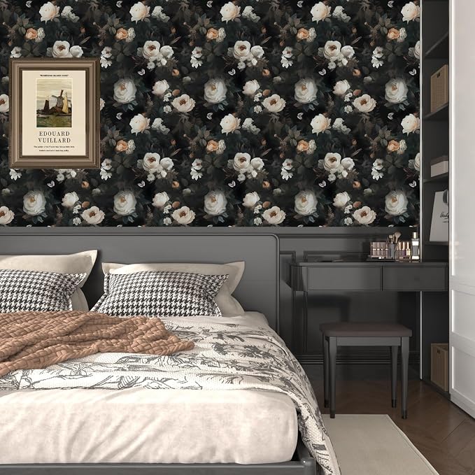 Fvlow Black White Floral Peel and Stick Wallpaper 17.4" x 118" | Renter Friendly, Removable & Waterproof, Vinyl Easy Install for Bedrooms, Bathrooms, Kitchens, Cabinets and Home Decor