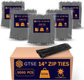 GTSE 14 inch Black Zip Ties, 5,000 Bulk Contractors Pack, 50lb Strength, UV Resistant Long Nylon Cable Ties, Self-Locking 14" Tie Wraps, Full Carton